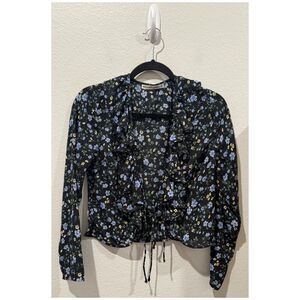 ABERCROMBIE AND FITCH Blue Floral Long Sleeve Tie Front Blouse